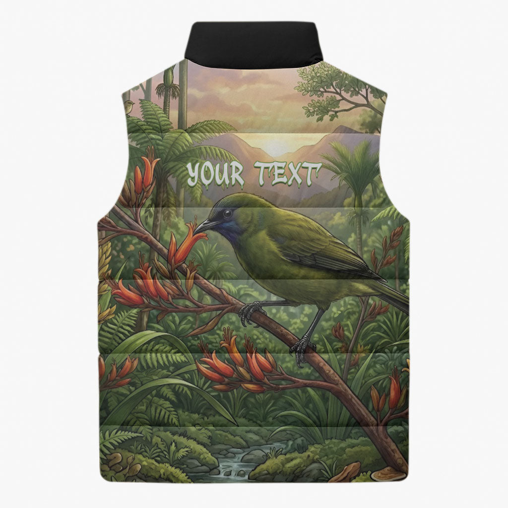 Bellbird New Zealand Personalised Sleeveless Puffer Jacket Korimako Harakeke Flower Native Forest LT22 - Polynesian Pride
