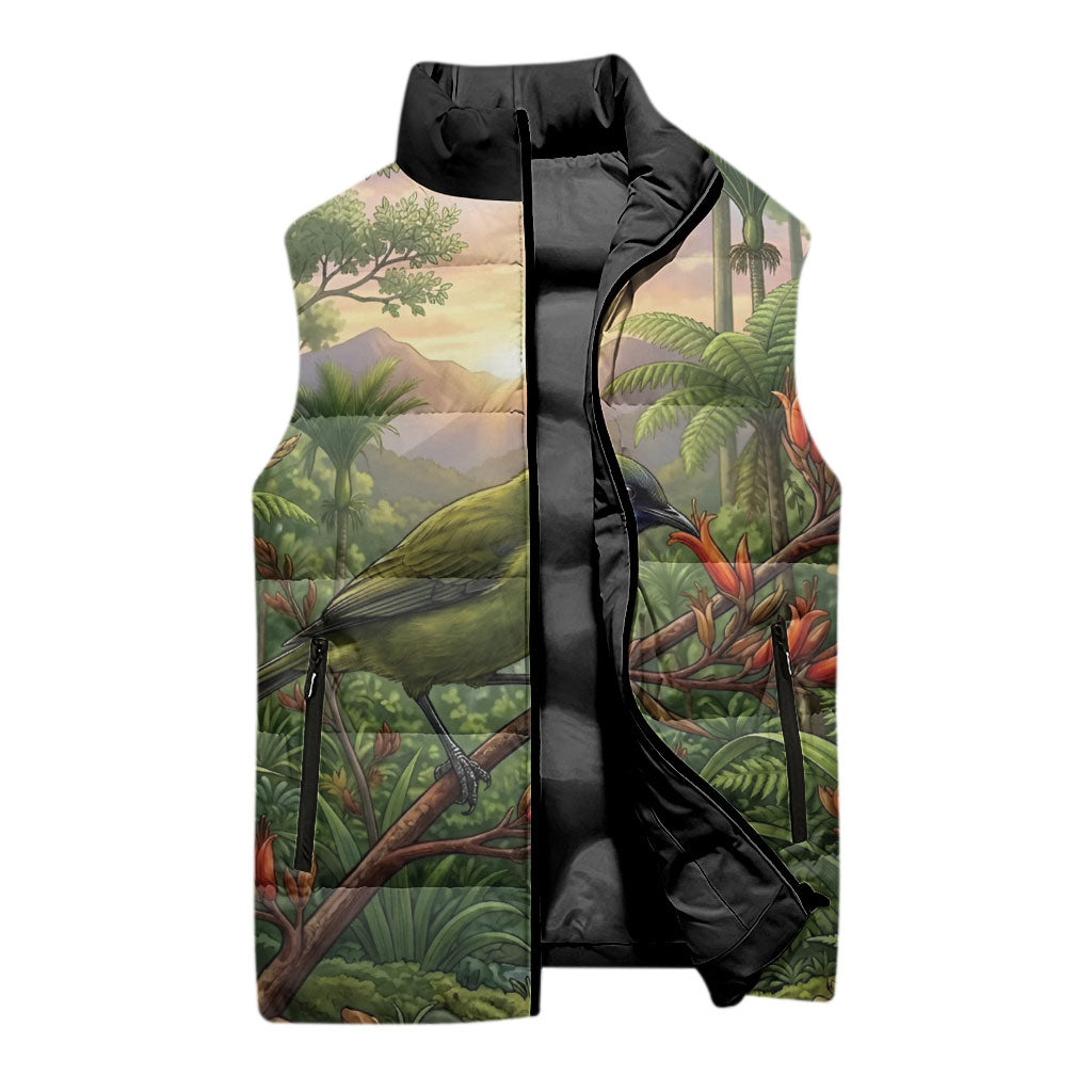 Bellbird New Zealand Personalised Sleeveless Puffer Jacket Korimako Harakeke Flower Native Forest LT22 - Polynesian Pride
