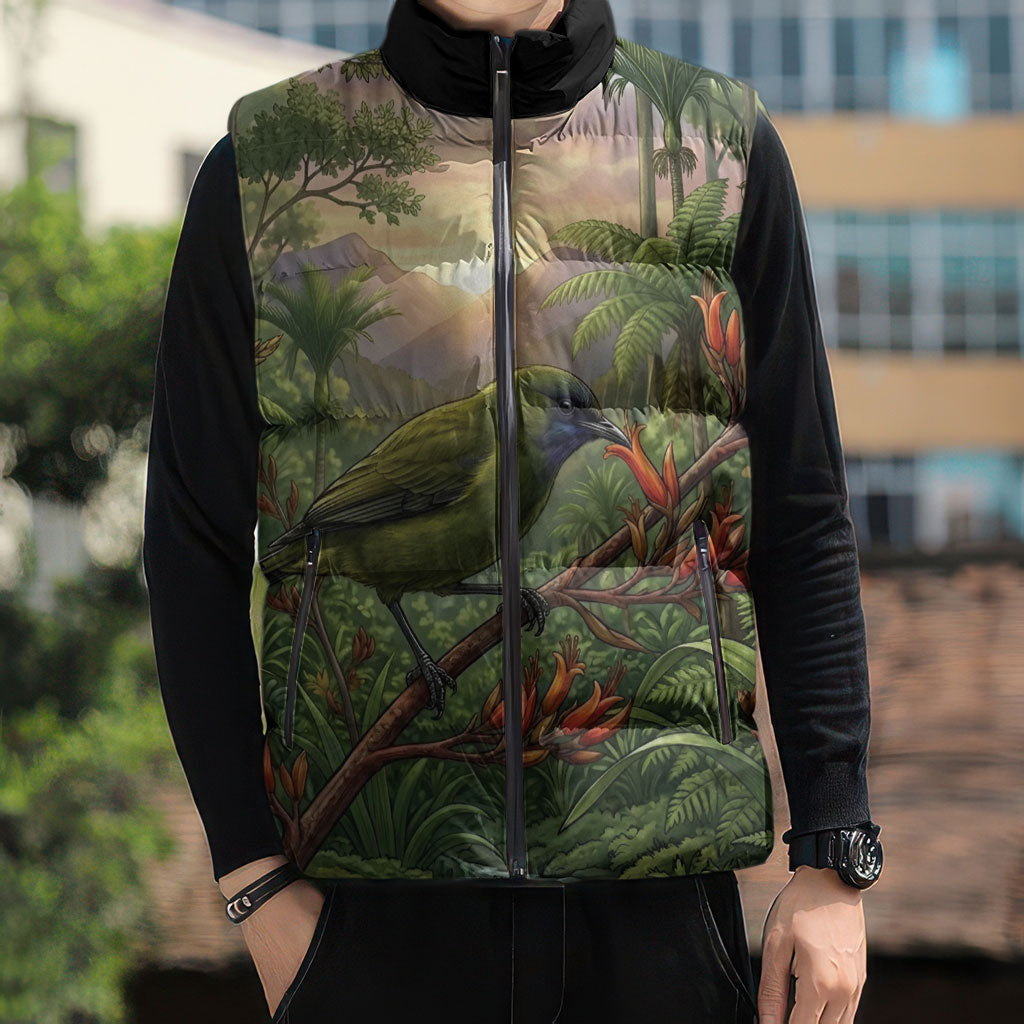 Bellbird New Zealand Personalised Sleeveless Puffer Jacket Korimako Harakeke Flower Native Forest LT22 - Polynesian Pride