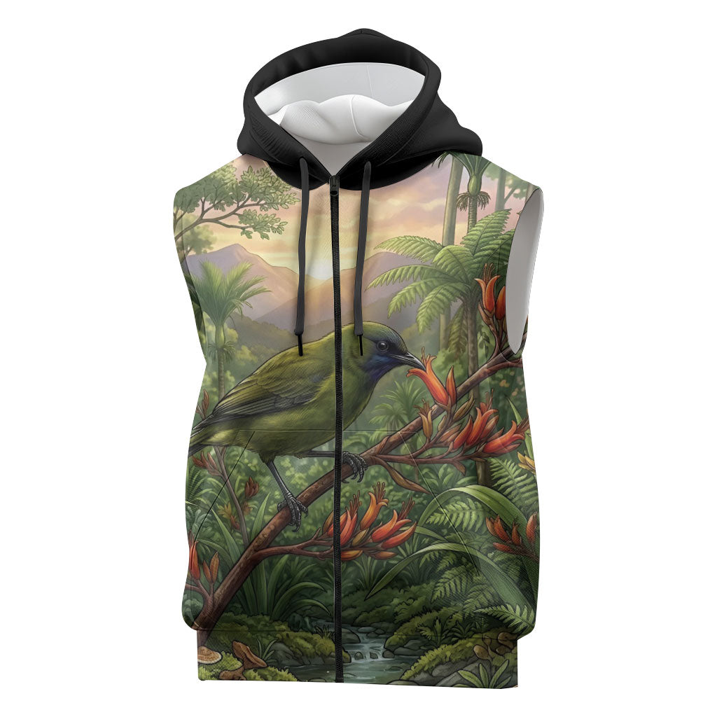 Bellbird New Zealand Personalised Sleeveless Zip Hoodie Korimako Harakeke Flower Native Forest LT22 Green - Polynesian Pride