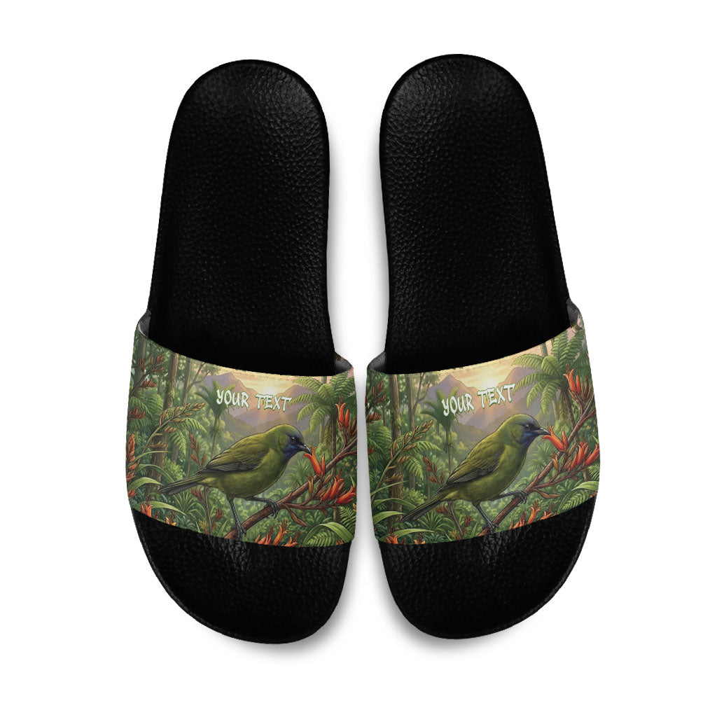 Bellbird New Zealand Personalised Slide Sandals Korimako Harakeke Flower Native Forest LT22 Green - Polynesian Pride