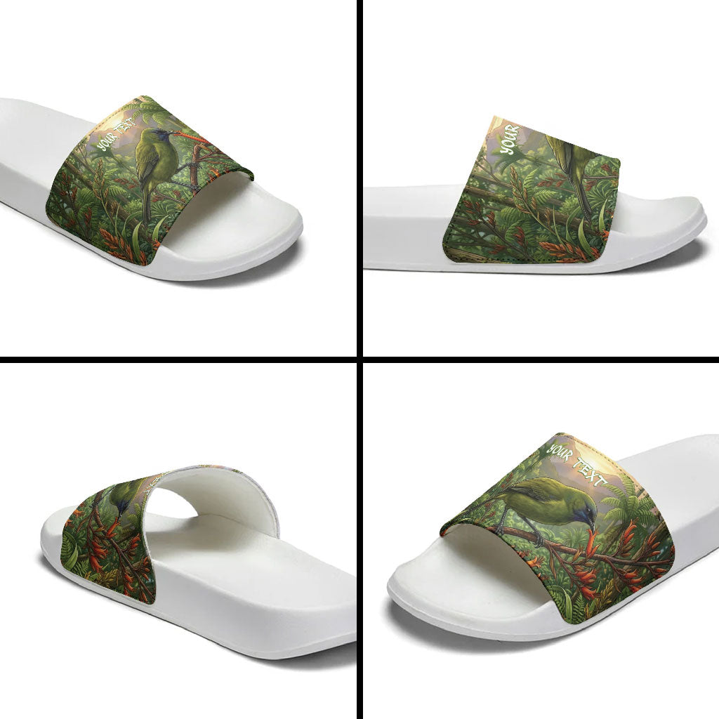 Bellbird New Zealand Personalised Slide Sandals Korimako Harakeke Flower Native Forest LT22 - Polynesian Pride