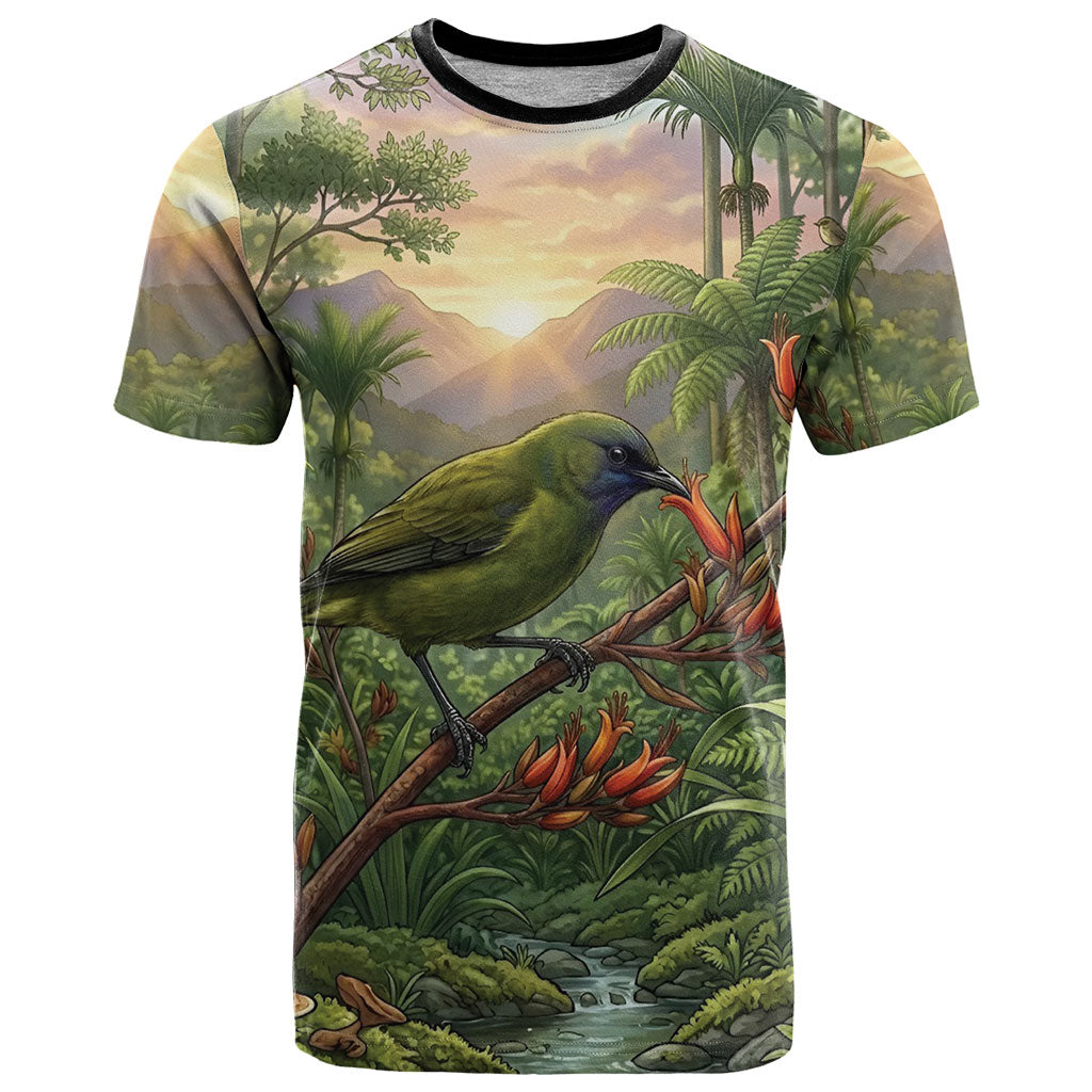 Bellbird New Zealand Personalised T Shirt Korimako Harakeke Flower Native Forest LT22 Green - Polynesian Pride