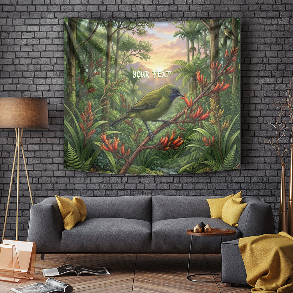 Bellbird New Zealand Personalised Tapestry Korimako Harakeke Flower Native Forest LT22 Green - Polynesian Pride