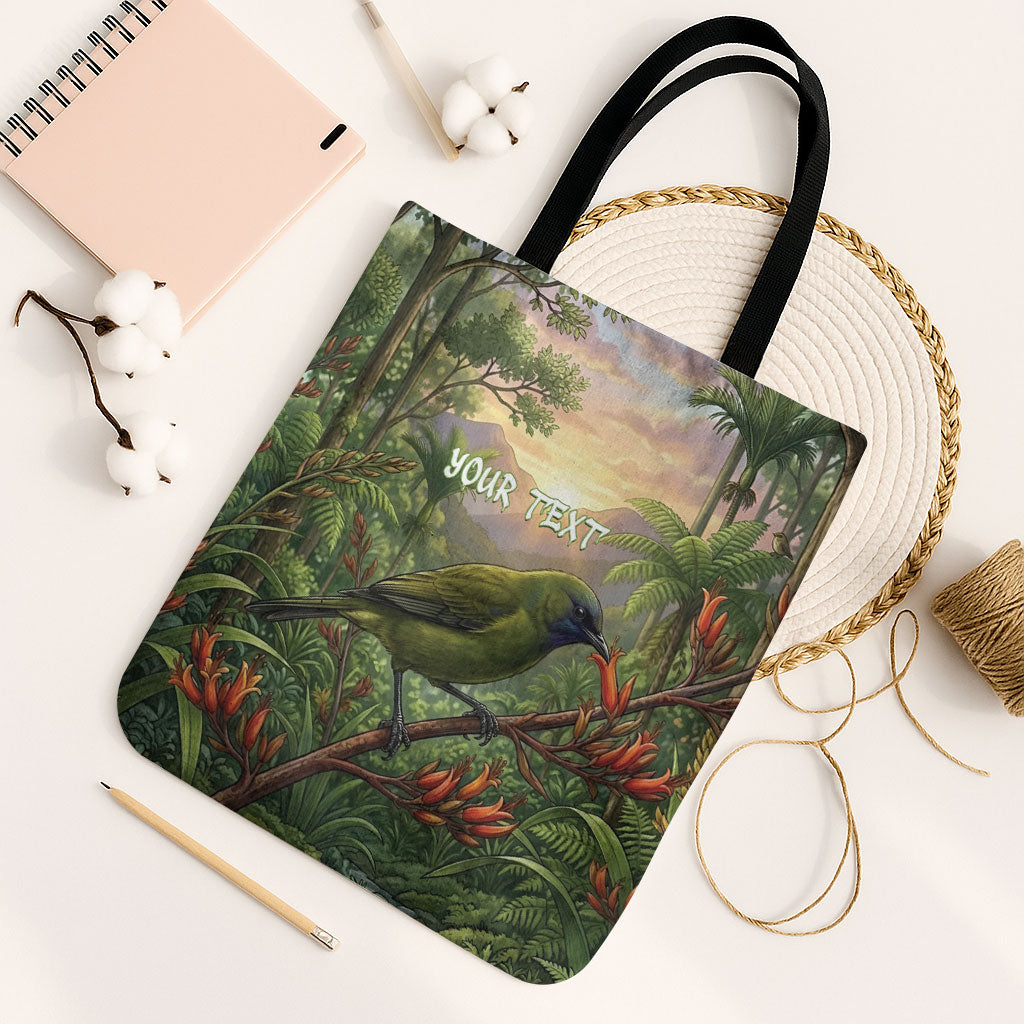 Bellbird New Zealand Personalised Tote Bag Korimako Harakeke Flower Native Forest LT22 Black Strap One Size Green - Polynesian Pride