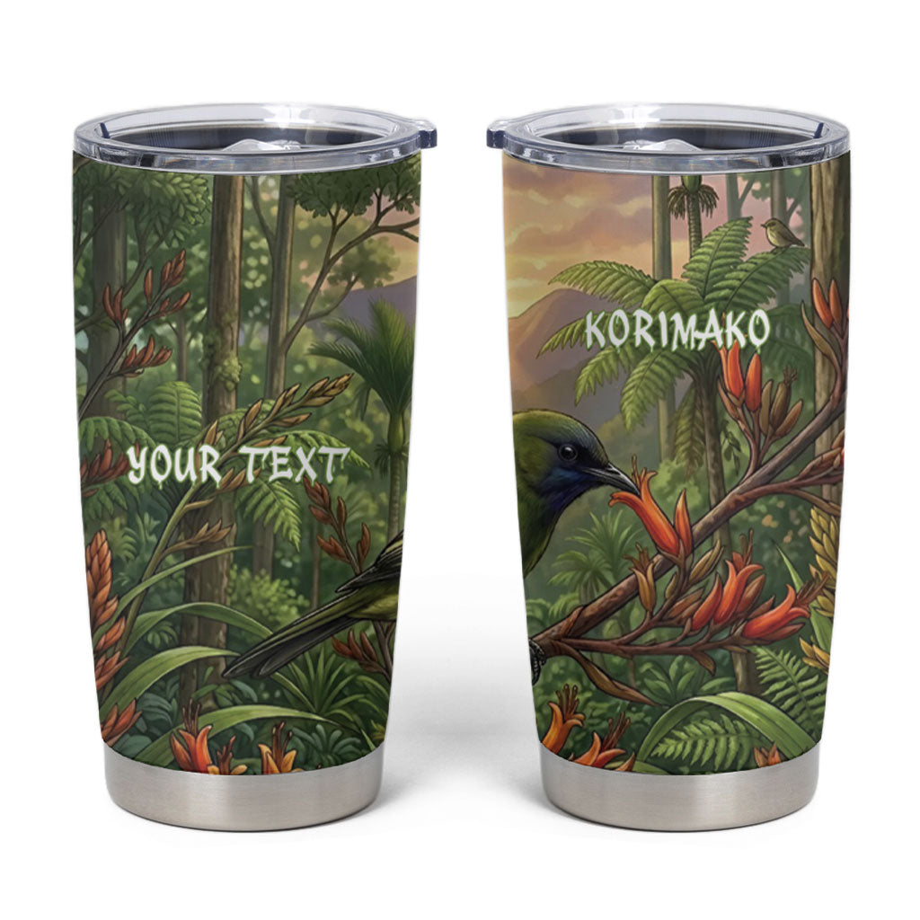 Bellbird New Zealand Personalised Tumbler Cup Korimako Harakeke Flower Native Forest LT22 Green - Polynesian Pride