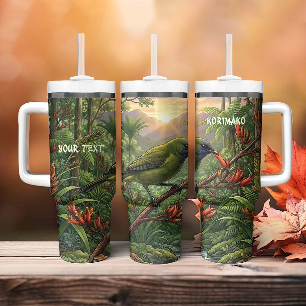 Bellbird New Zealand Personalised Tumbler With Handle Korimako Harakeke Flower Native Forest LT22 - Polynesian Pride