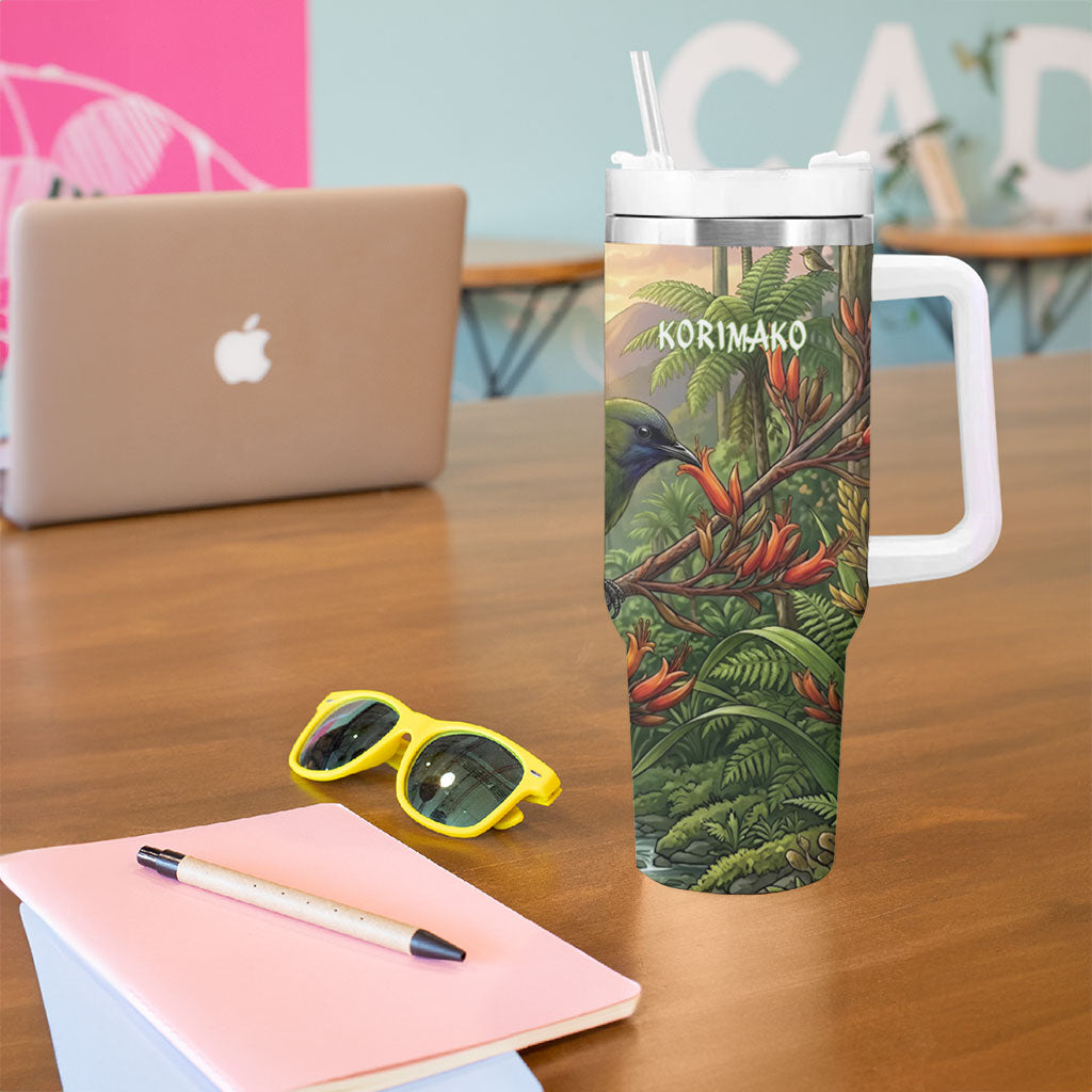 Bellbird New Zealand Personalised Tumbler With Handle Korimako Harakeke Flower Native Forest LT22 - Polynesian Pride