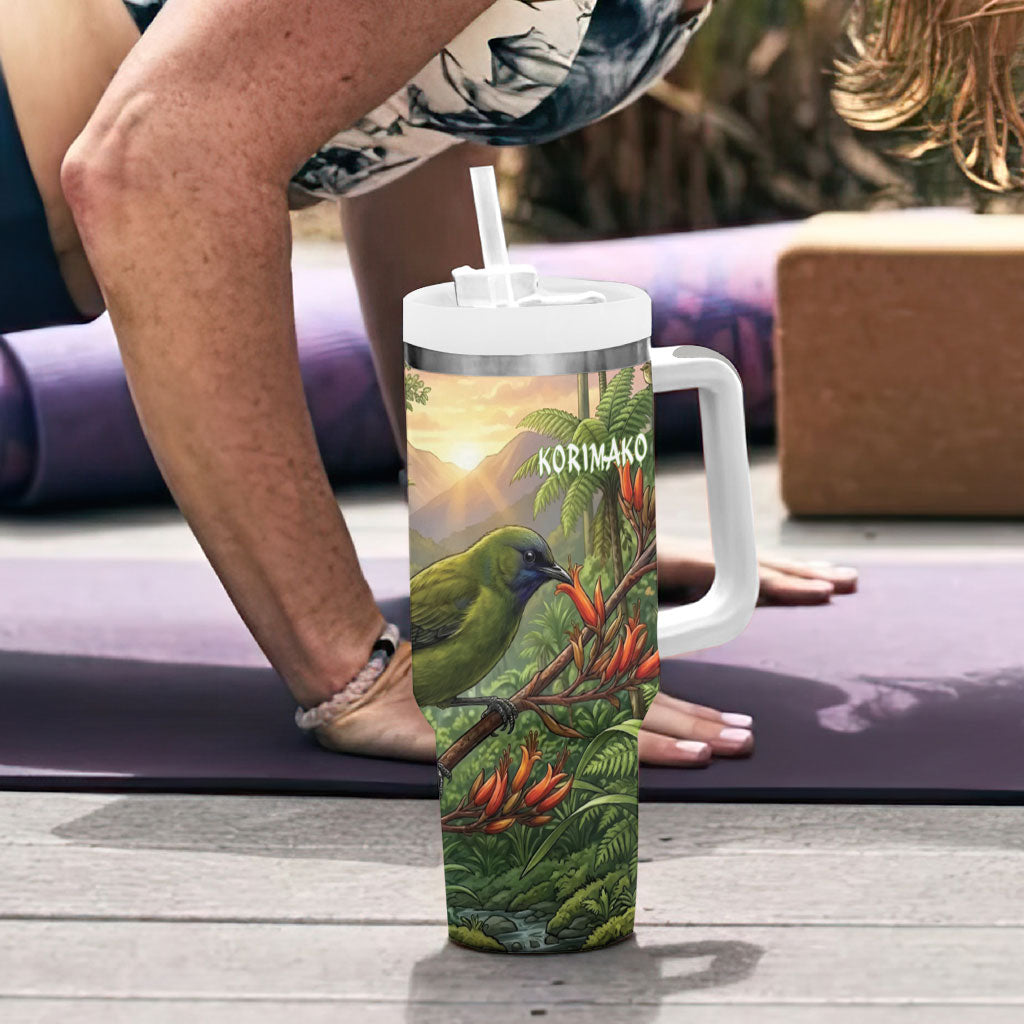 Bellbird New Zealand Personalised Tumbler With Handle Korimako Harakeke Flower Native Forest LT22 - Polynesian Pride