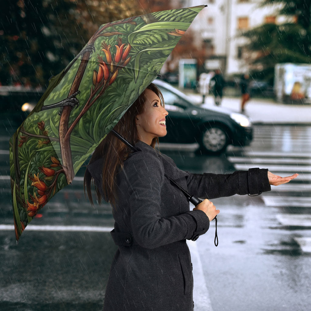 Bellbird New Zealand Personalised Umbrella Korimako Harakeke Flower Native Forest LT22 - Polynesian Pride