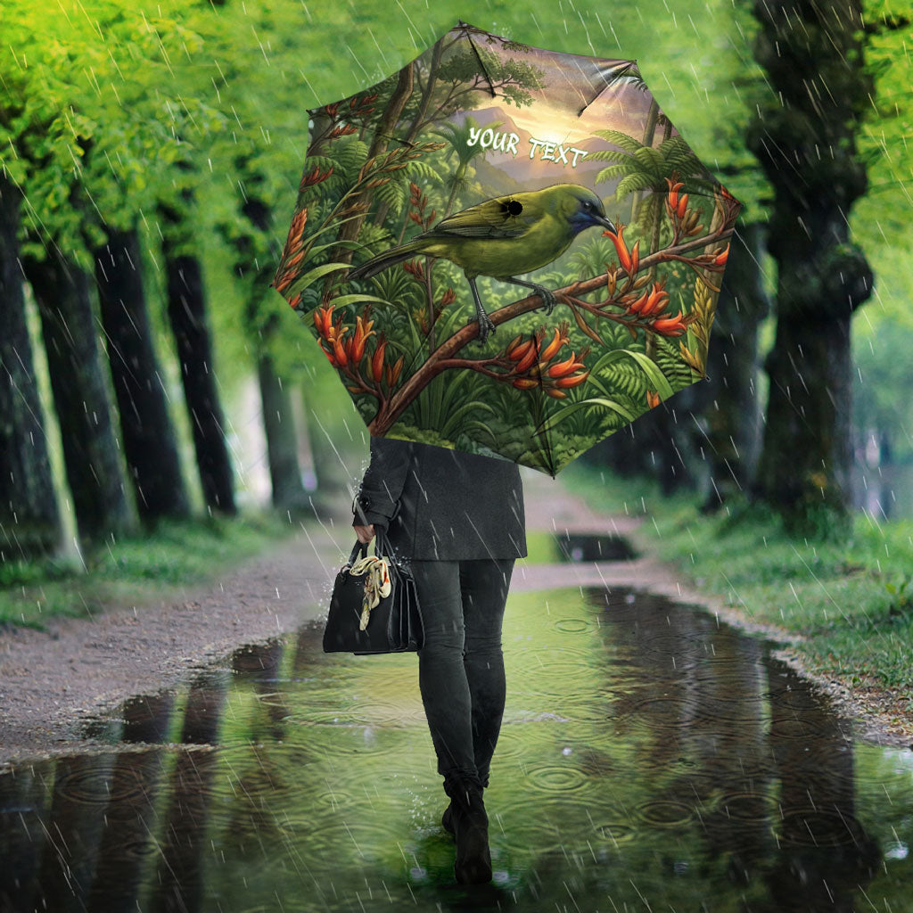 Bellbird New Zealand Personalised Umbrella Korimako Harakeke Flower Native Forest LT22 - Polynesian Pride