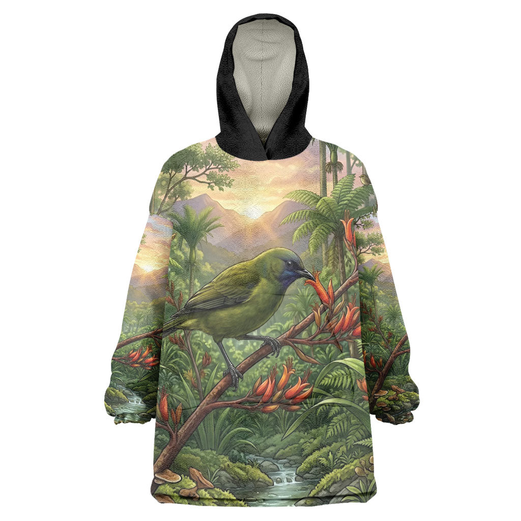 Bellbird New Zealand Personalised Wearable Blanket Hoodie Korimako Harakeke Flower Native Forest LT22 One Size Green - Polynesian Pride