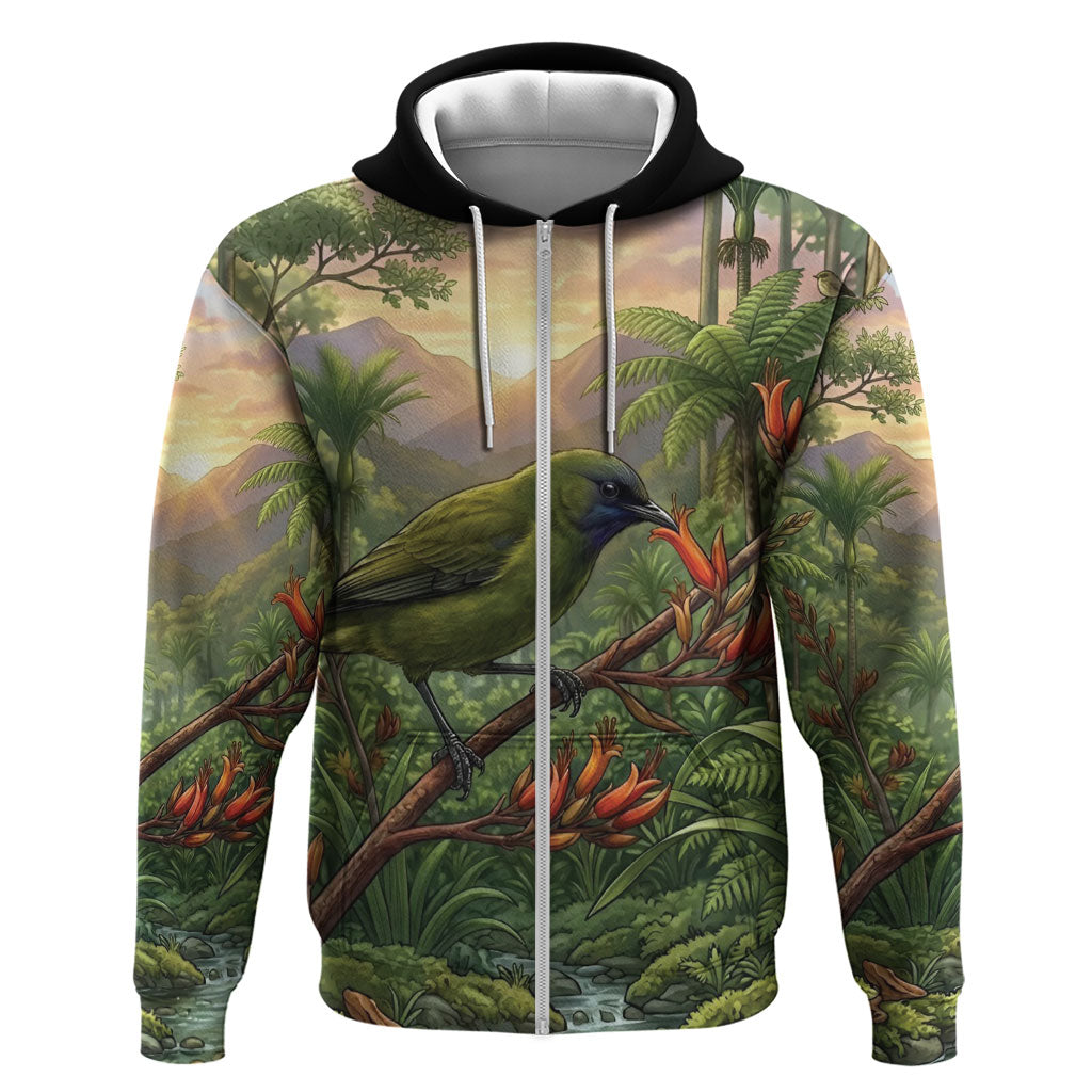 Bellbird New Zealand Personalised Zip Hoodie Korimako Harakeke Flower Native Forest LT22 Zip Hoodie Green - Polynesian Pride