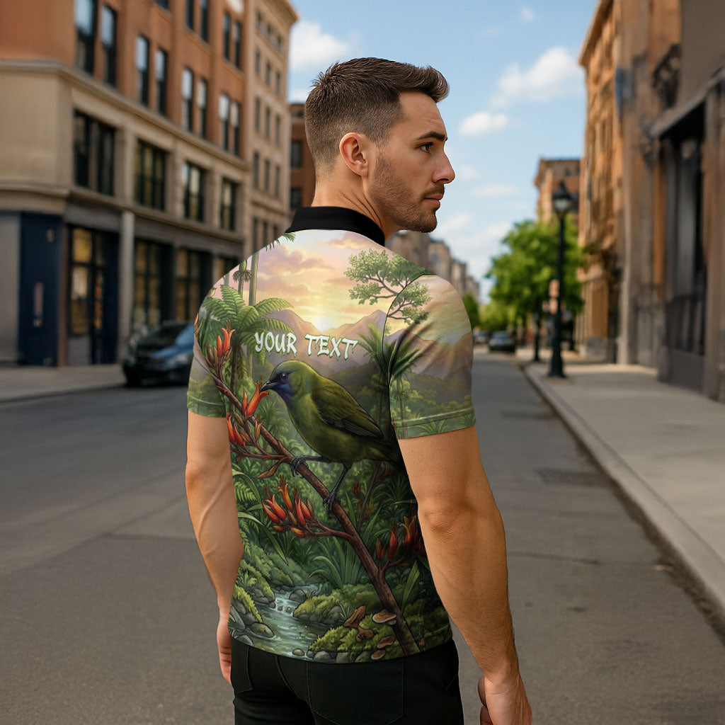 Bellbird New Zealand Personalised Zipper Polo Shirt Korimako Harakeke Flower Native Forest