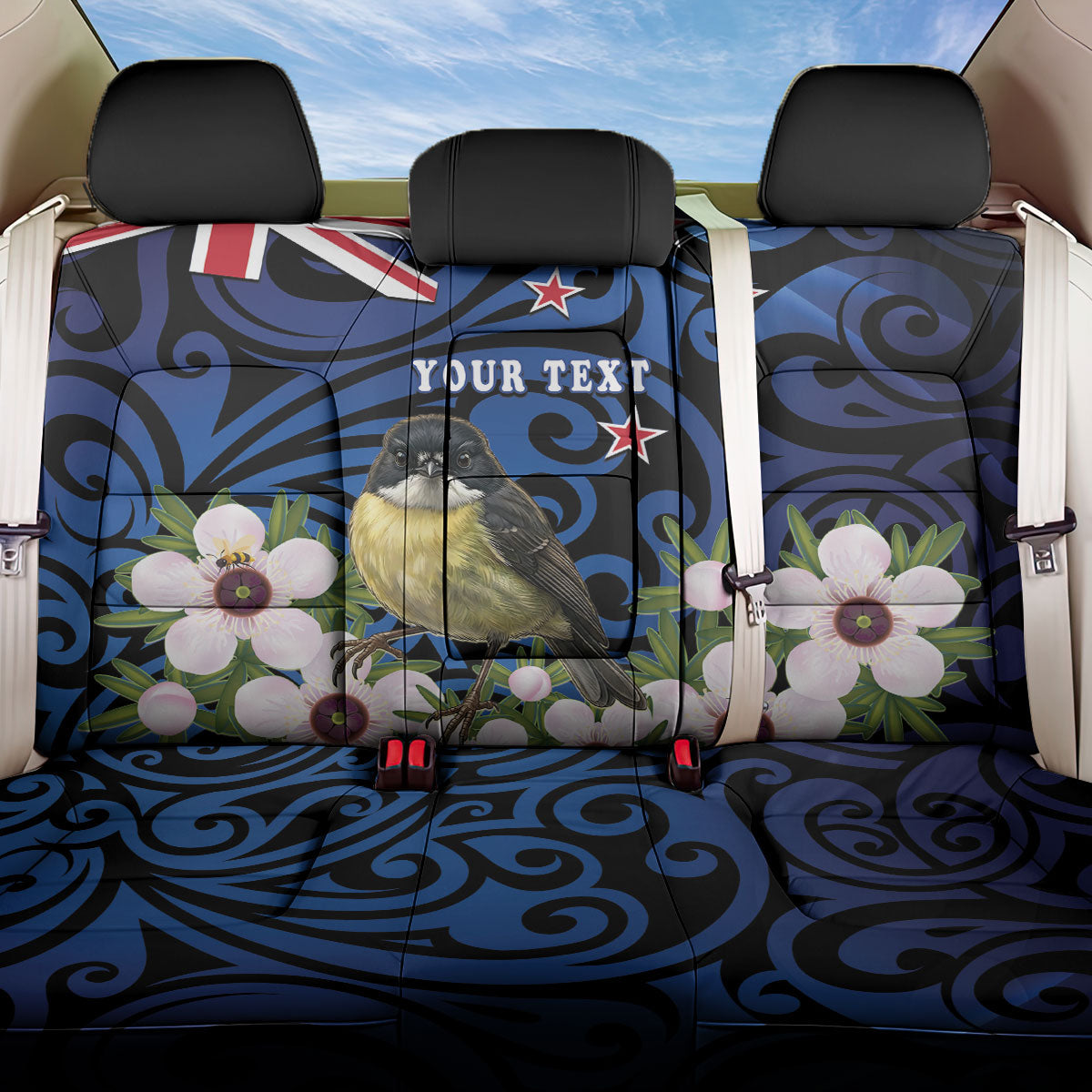 Tomtit New Zealand Personalised Back Car Seat Cover Miromiro Manuka Flower Maori Pattern LT22 One Size Blue - Polynesian Pride
