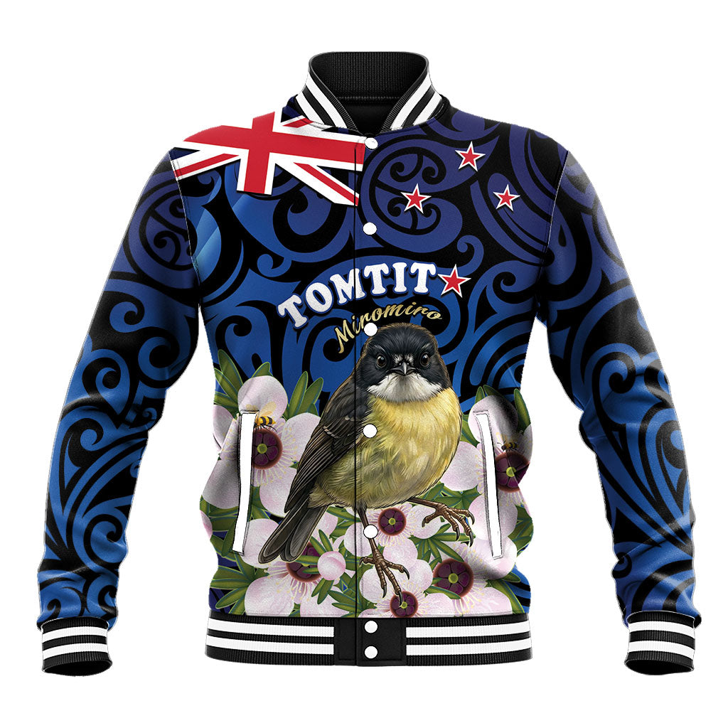 Tomtit New Zealand Personalised Baseball Jacket Miromiro Manuka Flower Maori Pattern LT22 Unisex Blue - Polynesian Pride