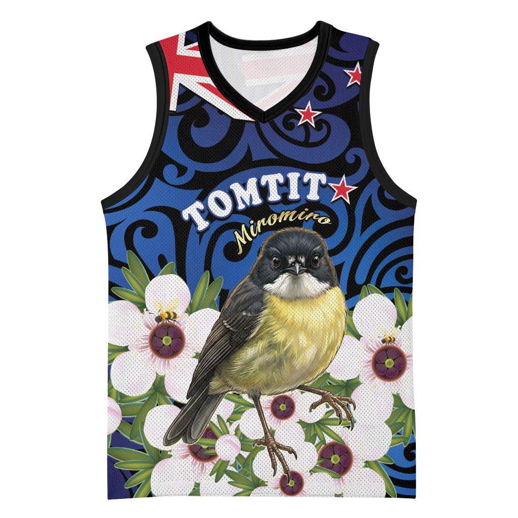 Tomtit New Zealand Personalised Basketball Jersey Miromiro Manuka Flower Maori Pattern LT22 Unisex Blue - Polynesian Pride