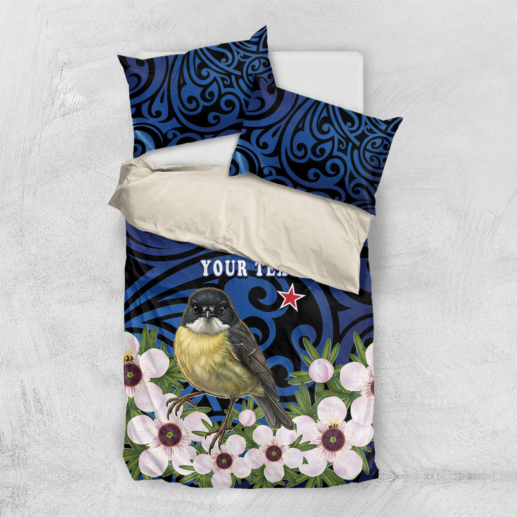 Tomtit New Zealand Personalised Bedding Set Miromiro Manuka Flower Maori Pattern LT22 US Twin 172cm x 218cm Blue - Polynesian Pride