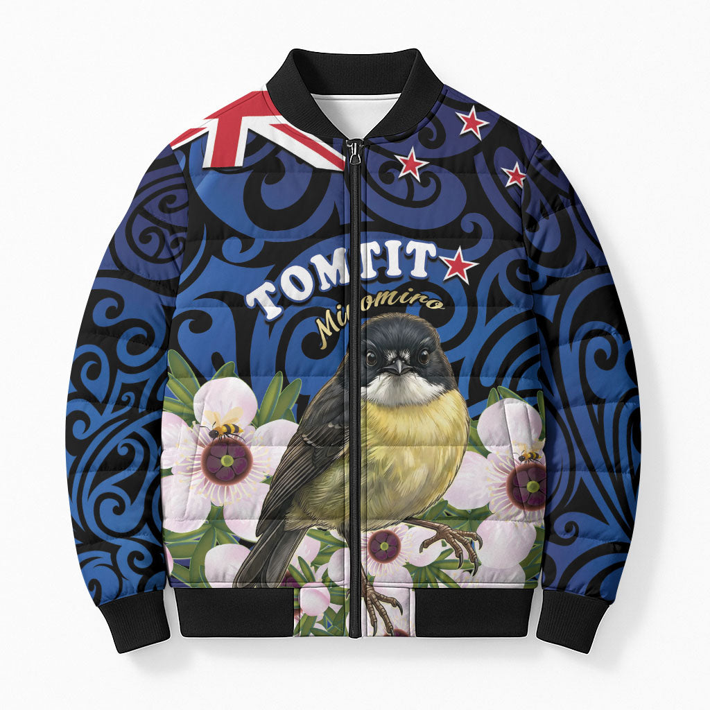 Tomtit New Zealand Personalised Bomber Puffer Jacket Miromiro Manuka Flower Maori Pattern LT22 Unisex Blue - Polynesian Pride
