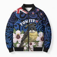 Tomtit New Zealand Personalised Bomber Puffer Jacket Miromiro Manuka Flower Maori Pattern LT22 Unisex Blue - Polynesian Pride