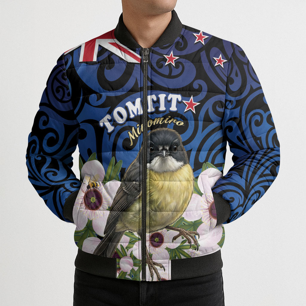 Tomtit New Zealand Personalised Bomber Puffer Jacket Miromiro Manuka Flower Maori Pattern LT22 - Polynesian Pride