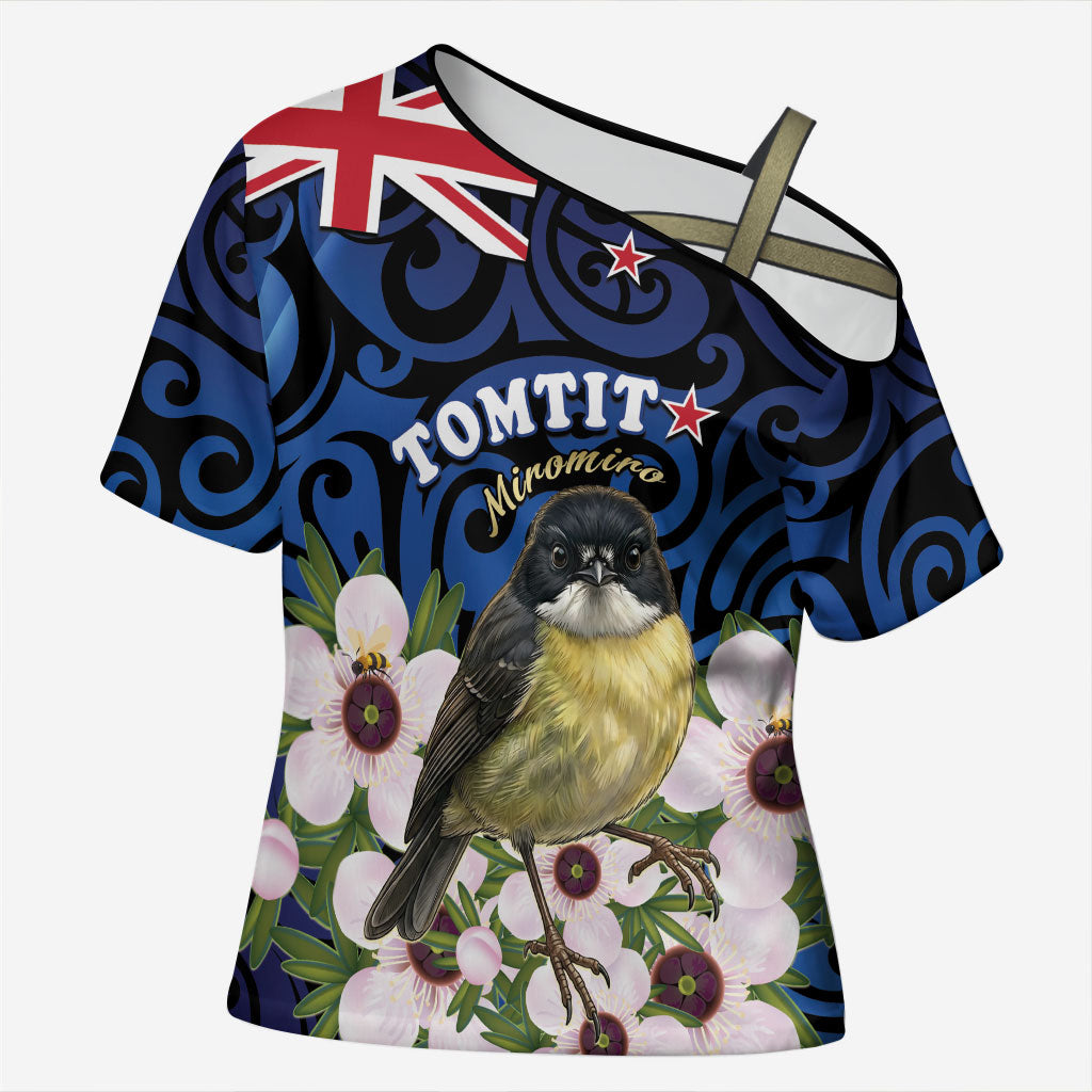 Tomtit New Zealand Personalised Cross Shoulder Shirt Miromiro Manuka Flower Maori Pattern LT22 Female Blue - Polynesian Pride