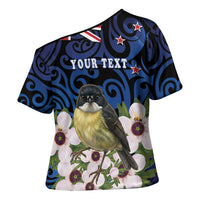 Tomtit New Zealand Personalised Cross Shoulder Shirt Miromiro Manuka Flower Maori Pattern LT22 - Polynesian Pride