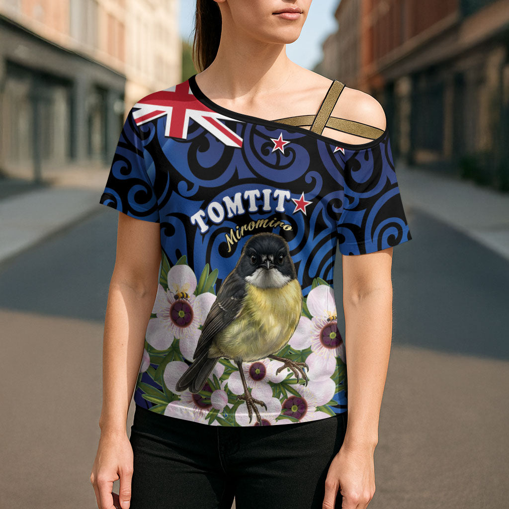 Tomtit New Zealand Personalised Cross Shoulder Shirt Miromiro Manuka Flower Maori Pattern LT22 - Polynesian Pride