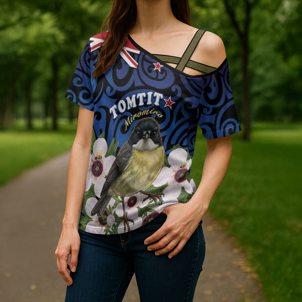Tomtit New Zealand Personalised Cross Shoulder Shirt Miromiro Manuka Flower Maori Pattern LT22 - Polynesian Pride