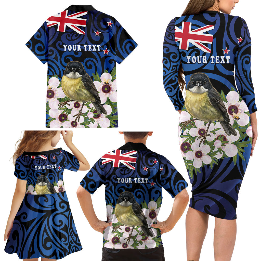 Tomtit New Zealand Personalised Family Matching Long Sleeve Bodycon Dress and Hawaiian Shirt Miromiro Manuka Flower Maori Pattern
