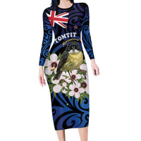 Tomtit New Zealand Personalised Family Matching Long Sleeve Bodycon Dress and Hawaiian Shirt Miromiro Manuka Flower Maori Pattern