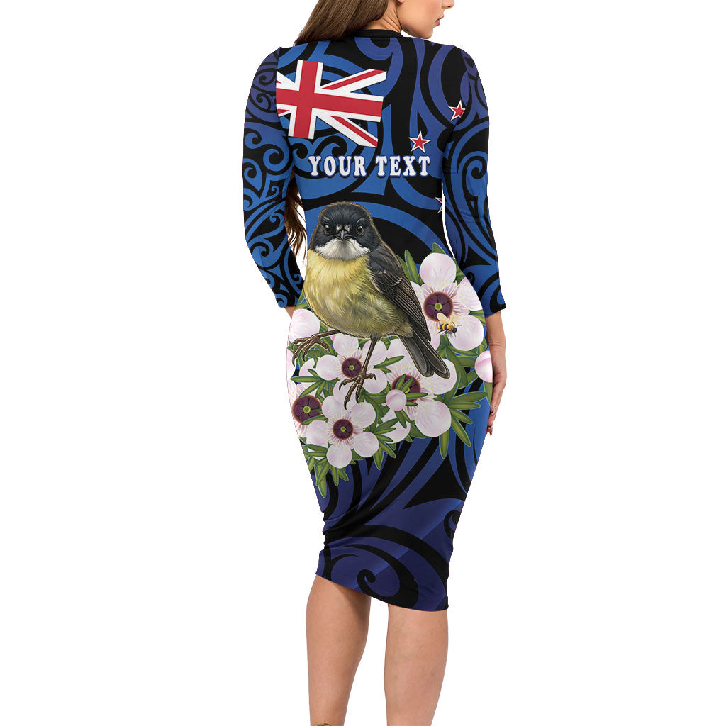 Tomtit New Zealand Personalised Family Matching Long Sleeve Bodycon Dress and Hawaiian Shirt Miromiro Manuka Flower Maori Pattern