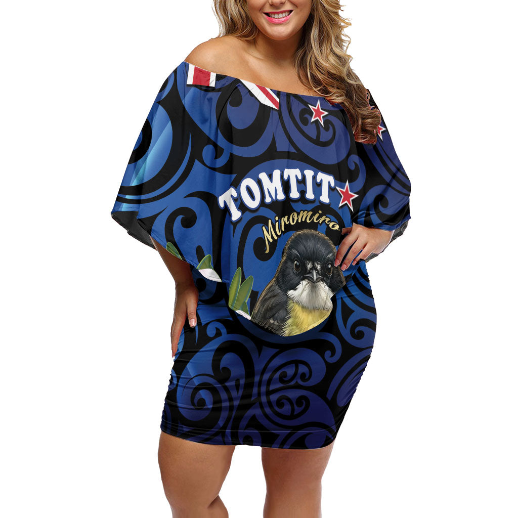 Tomtit New Zealand Personalised Family Matching Off Shoulder Short Dress and Hawaiian Shirt Miromiro Manuka Flower Maori Pattern