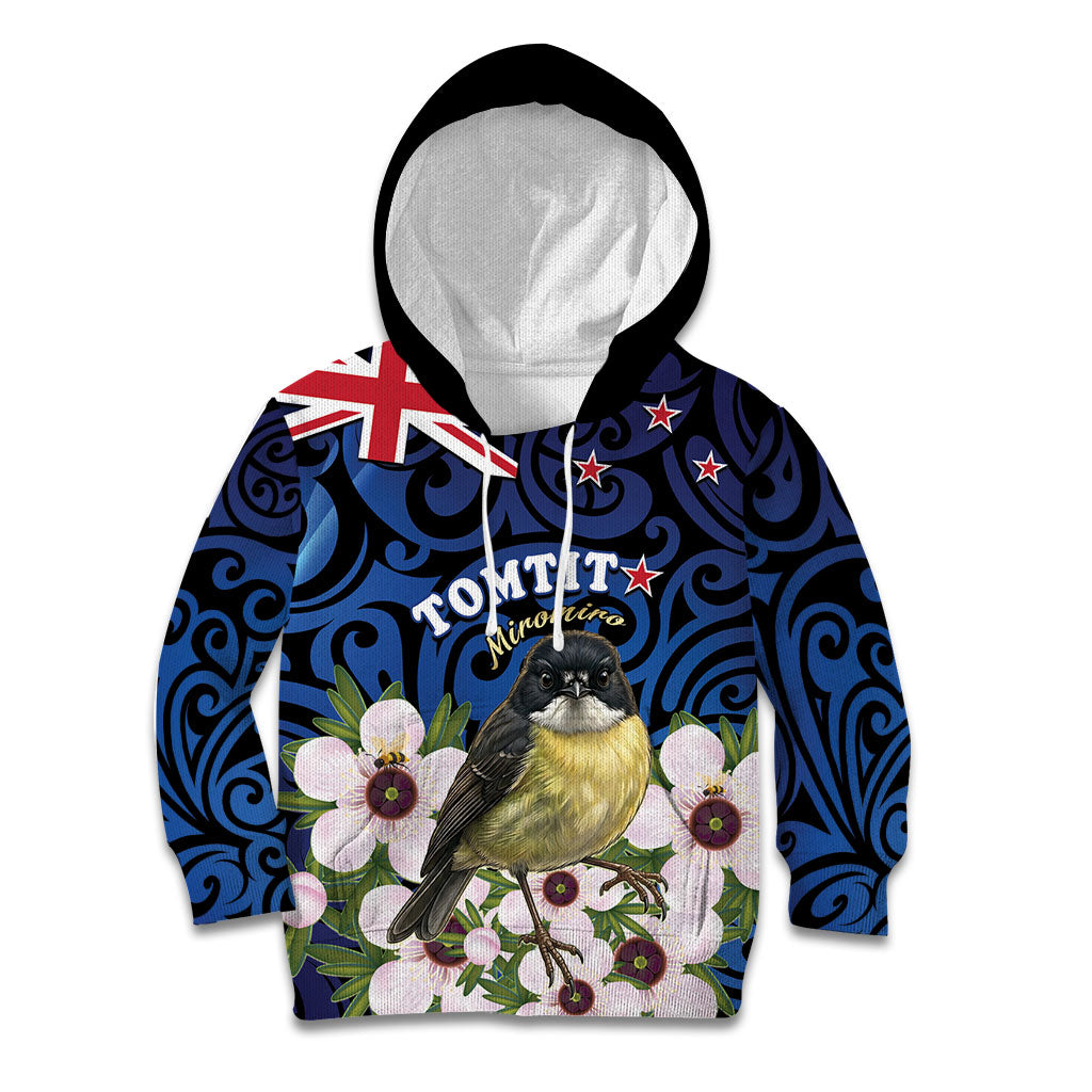 Tomtit New Zealand Personalised Kid Hoodie Miromiro Manuka Flower Maori Pattern LT22 Hoodie Blue - Polynesian Pride