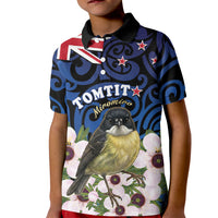 Tomtit New Zealand Personalised Kid Polo Shirt Miromiro Manuka Flower Maori Pattern LT22 Kid Blue - Polynesian Pride