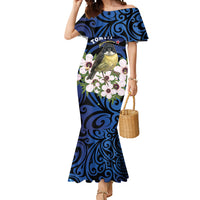 Tomtit New Zealand Personalised Mermaid Dress Miromiro Manuka Flower Maori Pattern LT22 Women Blue - Polynesian Pride