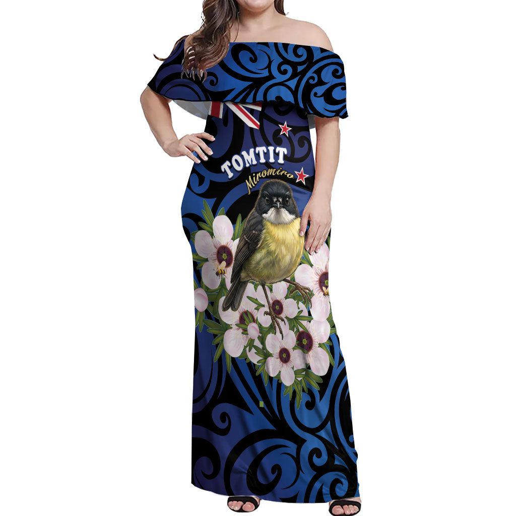 Tomtit New Zealand Personalised Off Shoulder Maxi Dress Miromiro Manuka Flower Maori Pattern LT22 Women Blue - Polynesian Pride