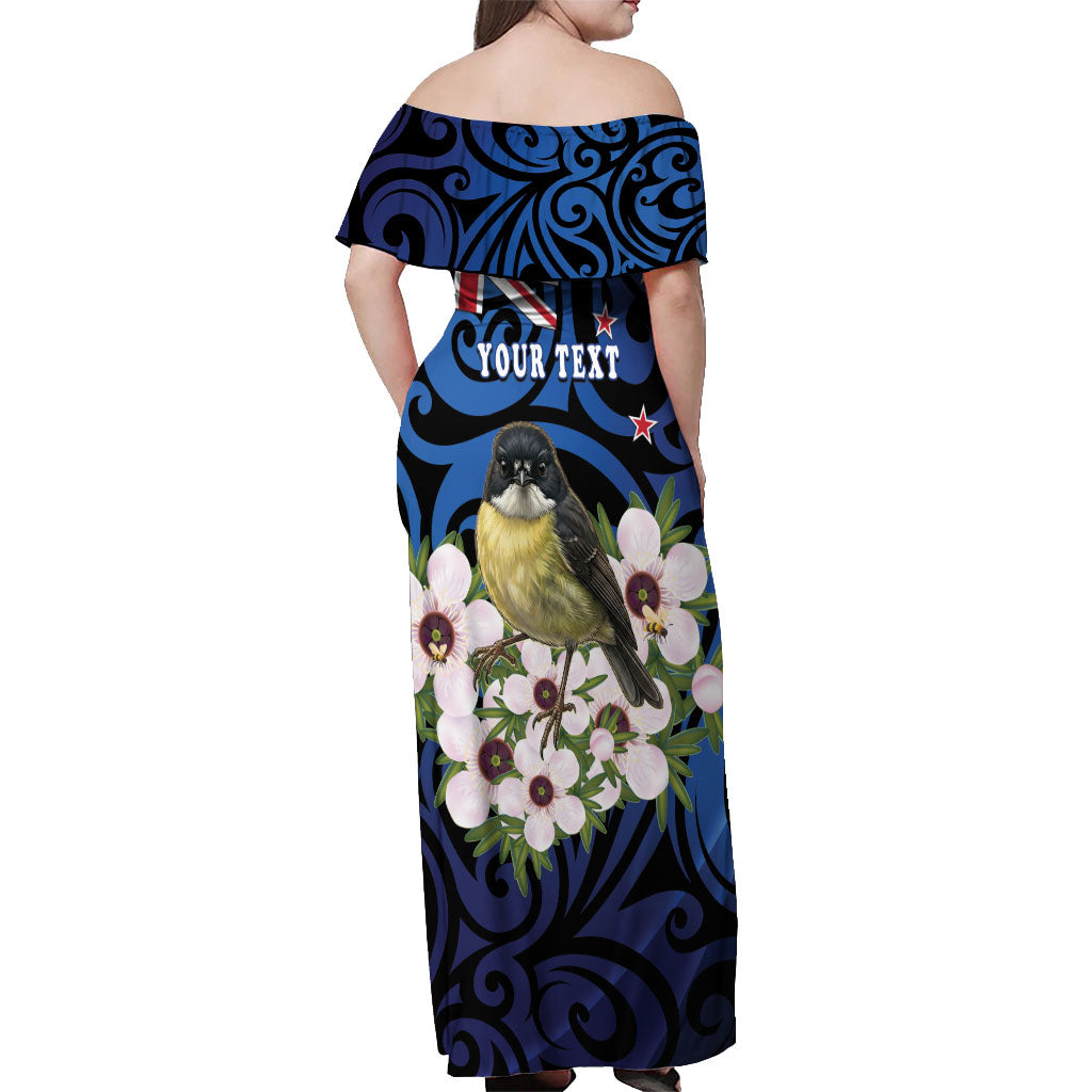 Tomtit New Zealand Personalised Off Shoulder Maxi Dress Miromiro Manuka Flower Maori Pattern LT22 - Polynesian Pride
