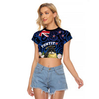 Tomtit New Zealand Personalised Raglan Cropped T Shirt Miromiro Manuka Flower Maori Pattern LT22 Female Blue - Polynesian Pride