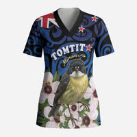 Tomtit New Zealand Personalised Scrub Top Miromiro Manuka Flower Maori Pattern LT22 Adult Blue - Polynesian Pride