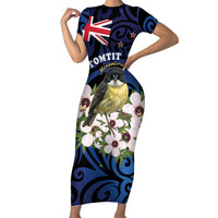 Tomtit New Zealand Personalised Short Sleeve Bodycon Dress Miromiro Manuka Flower Maori Pattern LT22 Long Dress Blue - Polynesian Pride
