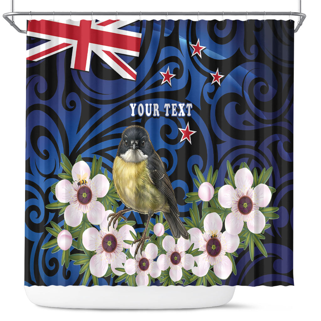 Tomtit New Zealand Personalised Shower Curtain Miromiro Manuka Flower Maori Pattern LT22 Blue - Polynesian Pride