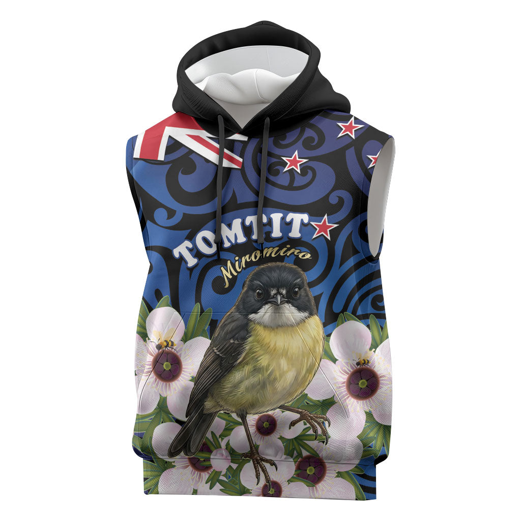 Tomtit New Zealand Personalised Sleeveless Hoodie Miromiro Manuka Flower Maori Pattern LT22 Blue - Polynesian Pride