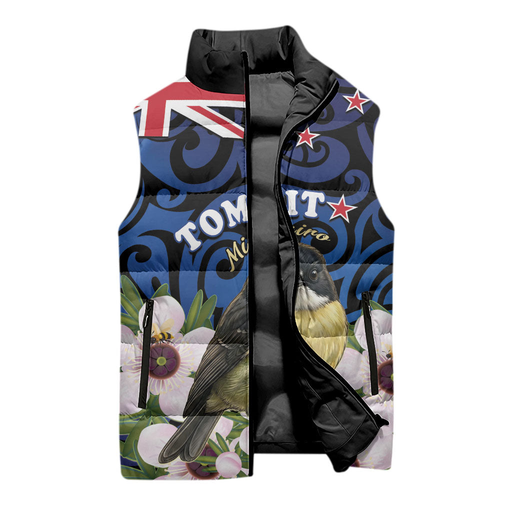 Tomtit New Zealand Personalised Sleeveless Puffer Jacket Miromiro Manuka Flower Maori Pattern LT22 - Polynesian Pride