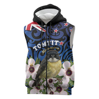 Tomtit New Zealand Personalised Sleeveless Zip Hoodie Miromiro Manuka Flower Maori Pattern LT22 Blue - Polynesian Pride