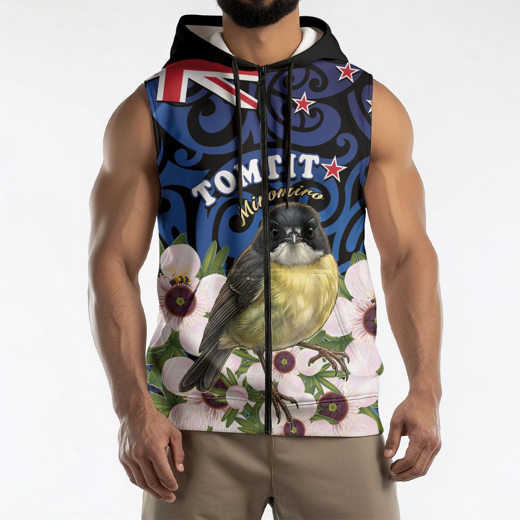 Tomtit New Zealand Personalised Sleeveless Zip Hoodie Miromiro Manuka Flower Maori Pattern LT22 - Polynesian Pride