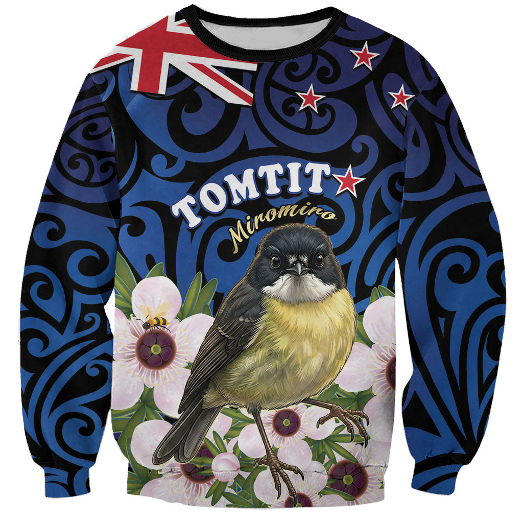 Tomtit New Zealand Personalised Sweatshirt Miromiro Manuka Flower Maori Pattern LT22 Unisex Blue - Polynesian Pride