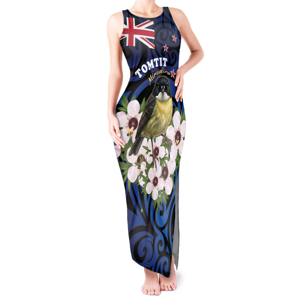Tomtit New Zealand Personalised Tank Maxi Dress Miromiro Manuka Flower Maori Pattern LT22 Women Blue - Polynesian Pride