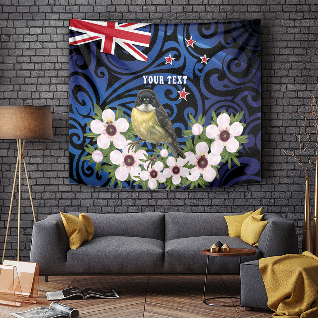 Tomtit New Zealand Personalised Tapestry Miromiro Manuka Flower Maori Pattern LT22 Blue - Polynesian Pride