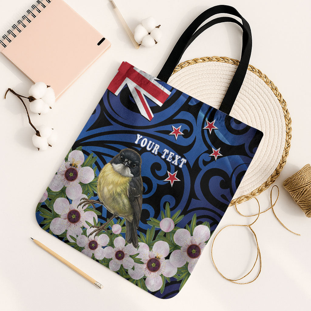 Tomtit New Zealand Personalised Tote Bag Miromiro Manuka Flower Maori Pattern LT22 Black Strap One Size Blue - Polynesian Pride